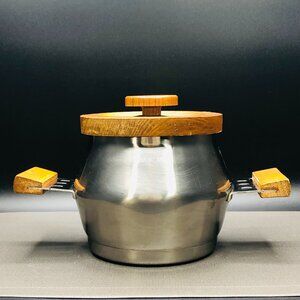 Midcentury Imperial International Japan Stainless Steel Wooden Lid Fondue Pot